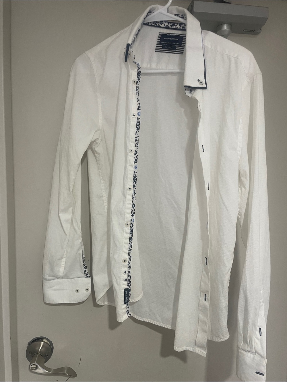 Men's White Dress Shirt with Navy Trim